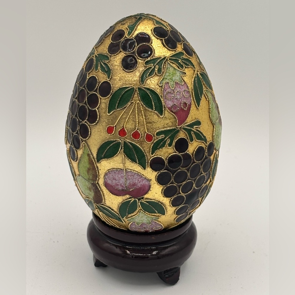 Chinese Enamel Cloisonne Egg With Stand Raised Fruit Design 4”x3”Vintage Gold